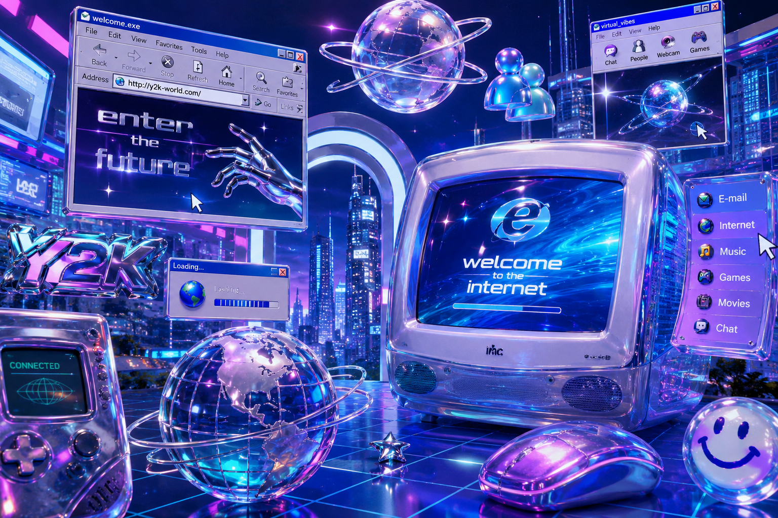 Cena digital no estilo Y2K com cidade futurista ao fundo, interfaces antigas da internet, elementos brilhantes e metálicos, telas flutuantes e estética tecnológica vibrante